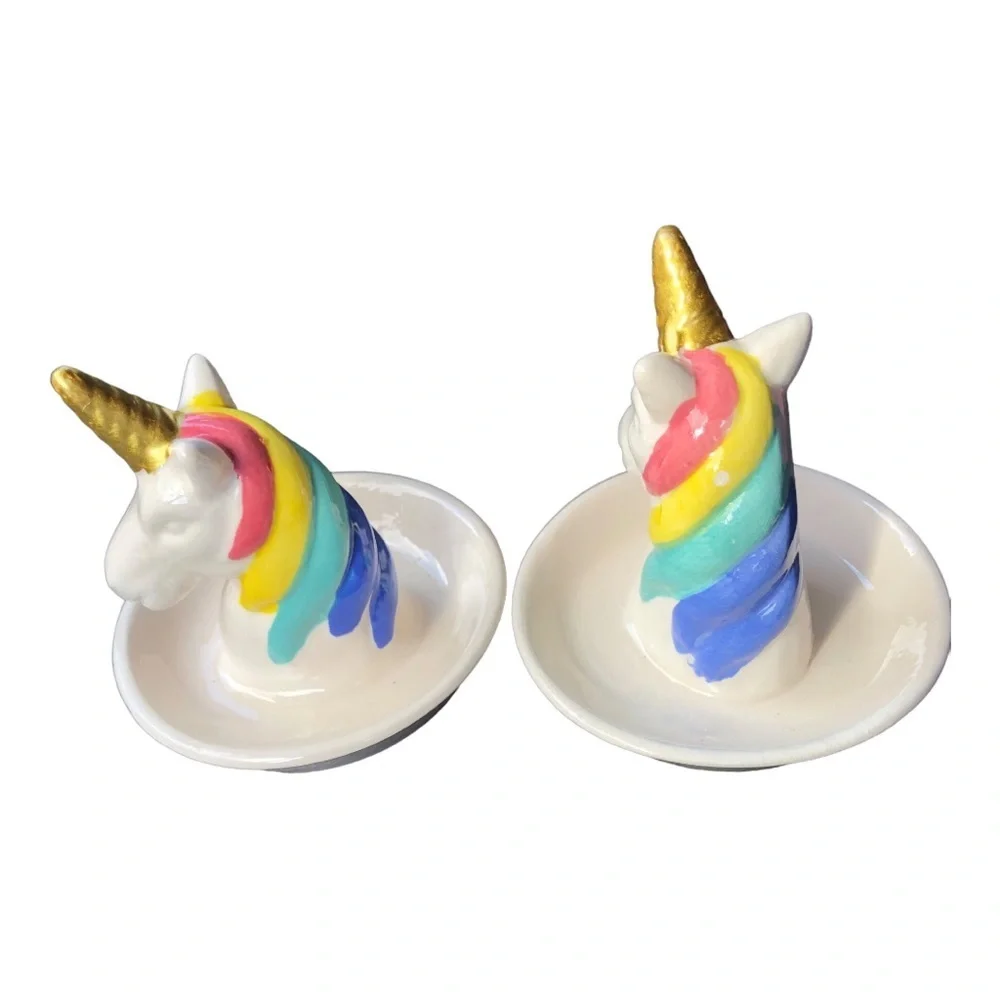 2 ivory ceramic rainbow gold unicorn horn ring jewelry holders new‎